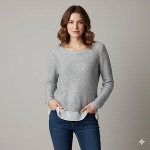 Joseph Ribkoff Silver Sequin Knit Layered Hem Sweater Top Size Large L Party